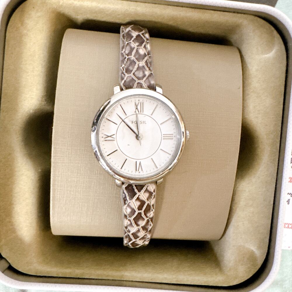 Fossil ES4635 Jacqueline Mini Snake Leather Silver Case White Dial Ladies Watch